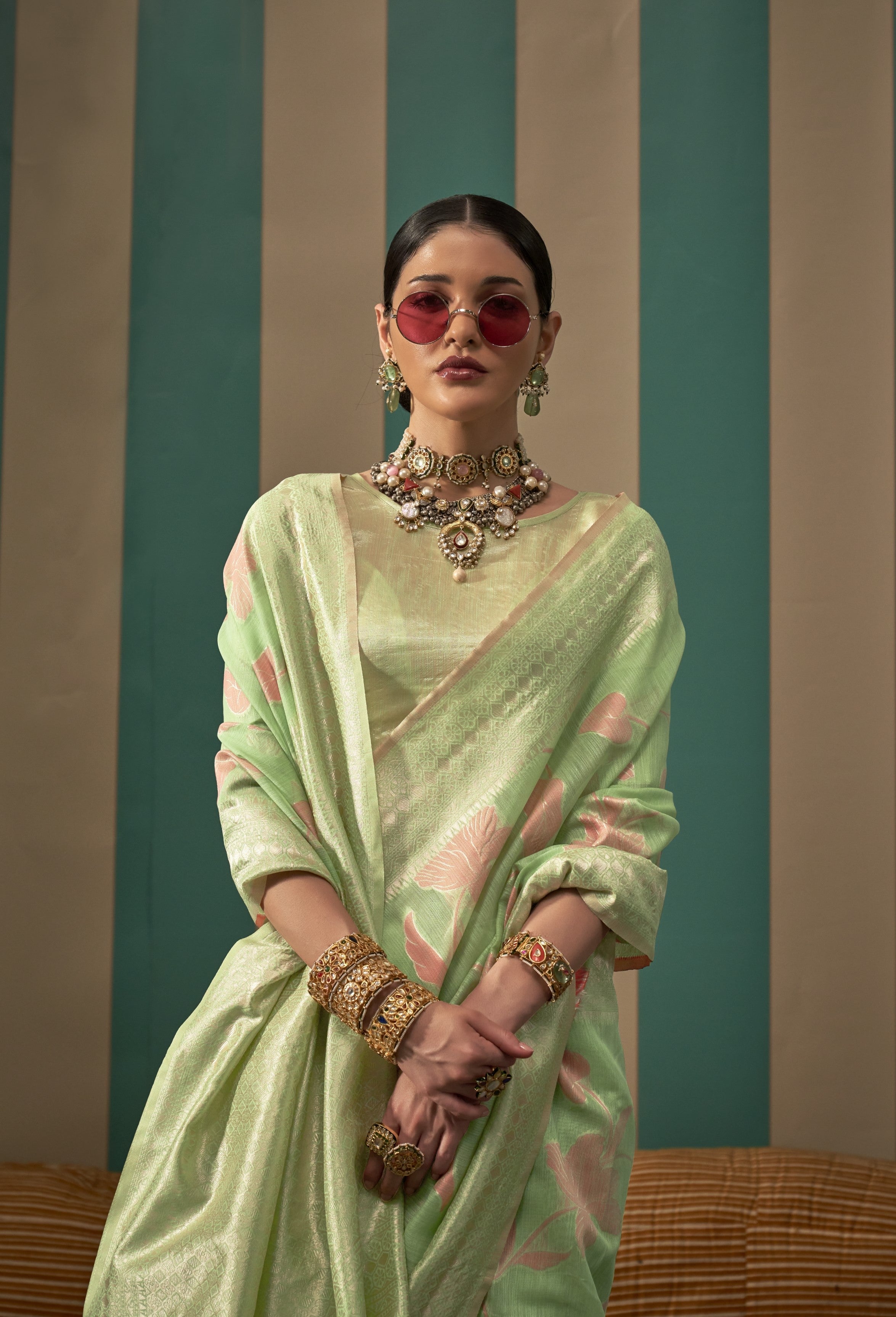 Pista Green Handloom Weaving Linen Saree With Blouse