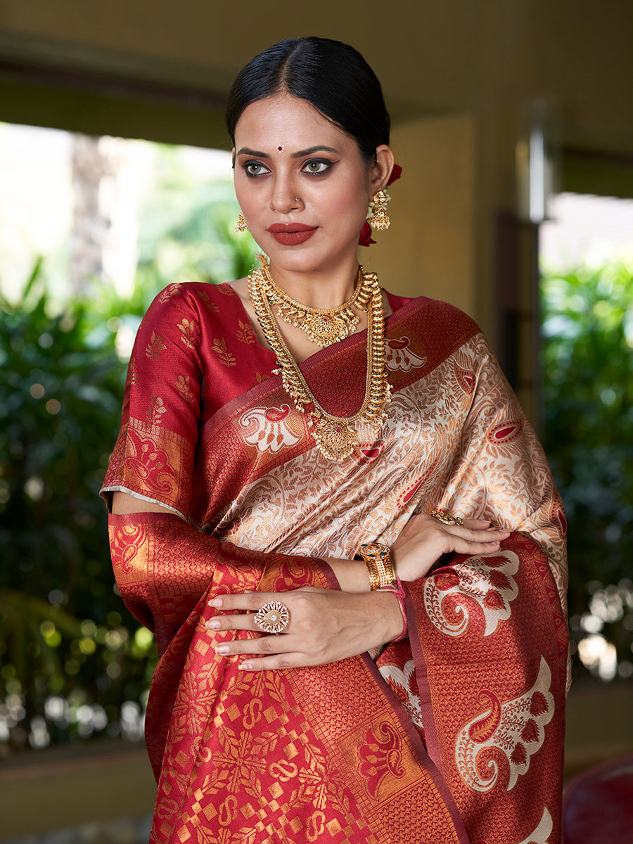 Cream & Maroon Banarasi Silk Woven Wedding Saree