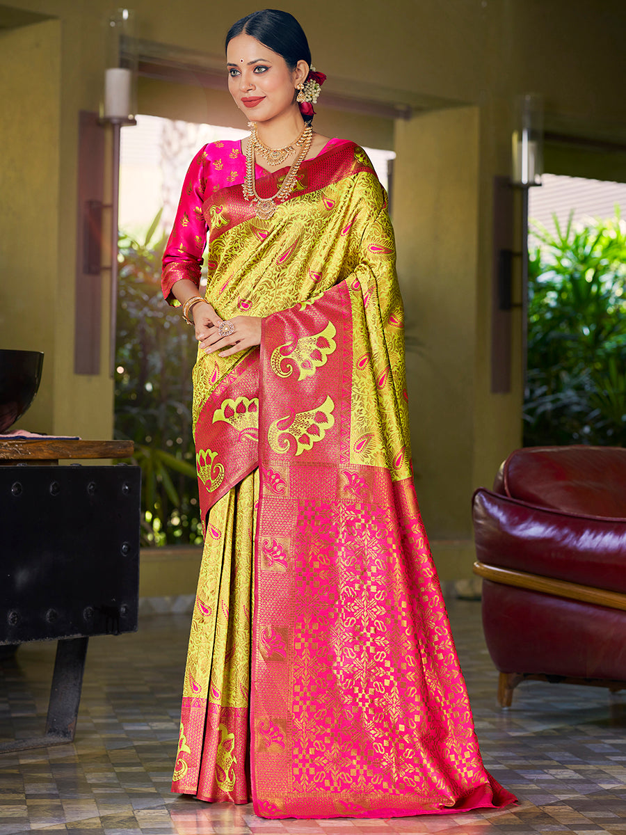 Yellow & Pink Banarasi Silk Woven Wedding Saree