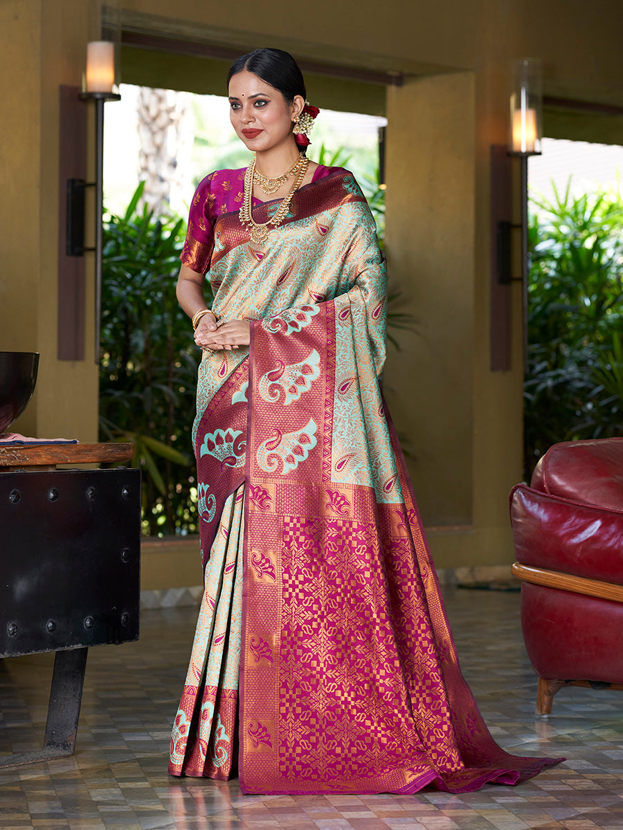 Sea Green & Purple Banarasi Silk Woven Wedding Saree