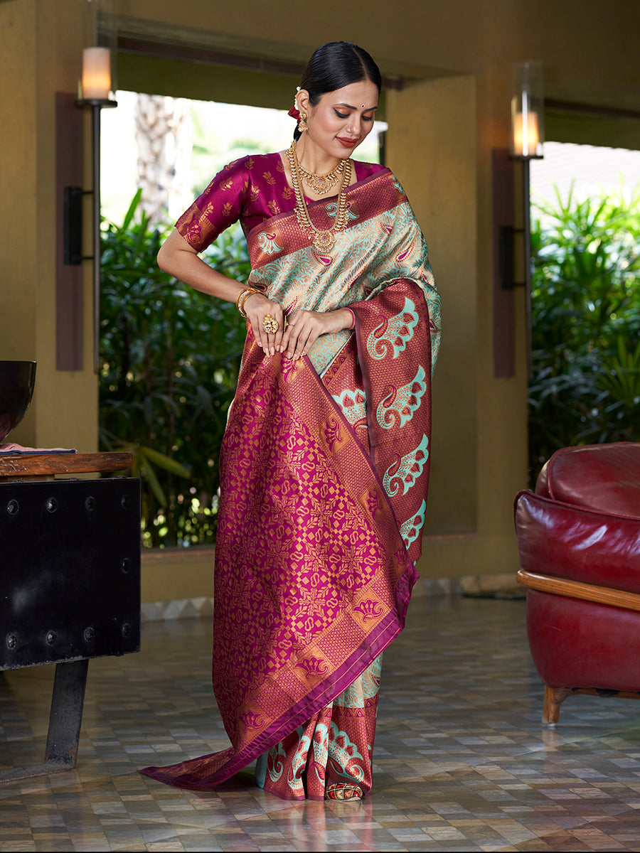 Sea Green & Purple Banarasi Silk Woven Wedding Saree