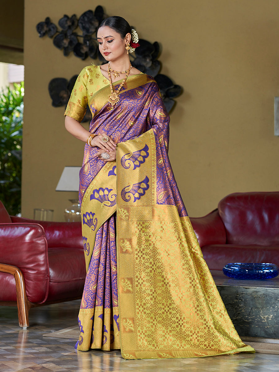 Blue & Yellow Banarasi Silk Woven Wedding Saree