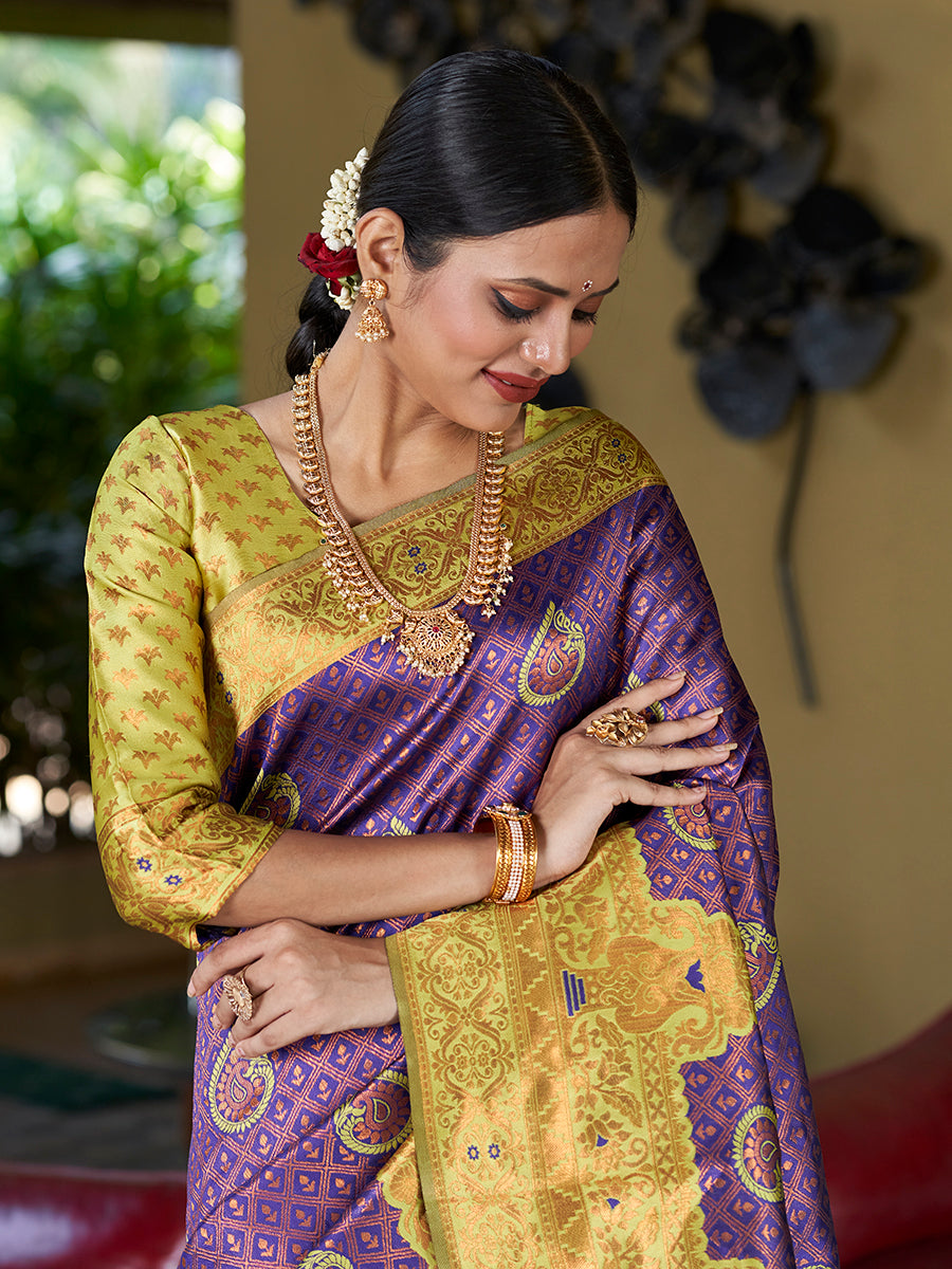 Navy Blue & Yellow Banarasi Silk Zari Woven Wedding Saree