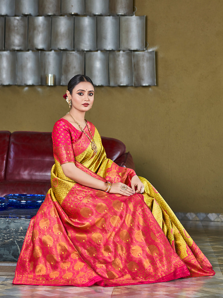 Yellow & Pink Banarasi Silk Zari Woven Wedding Saree
