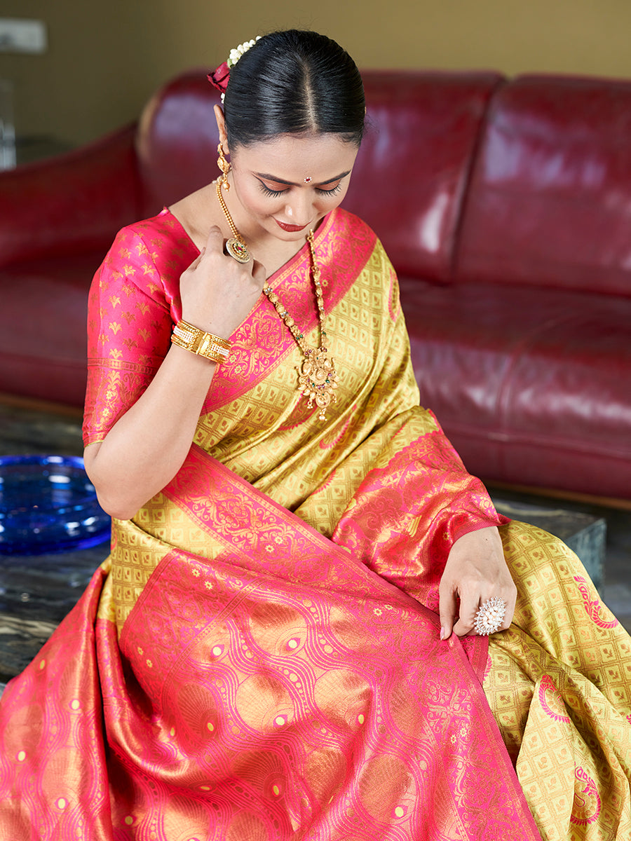 Yellow & Pink Banarasi Silk Zari Woven Wedding Saree