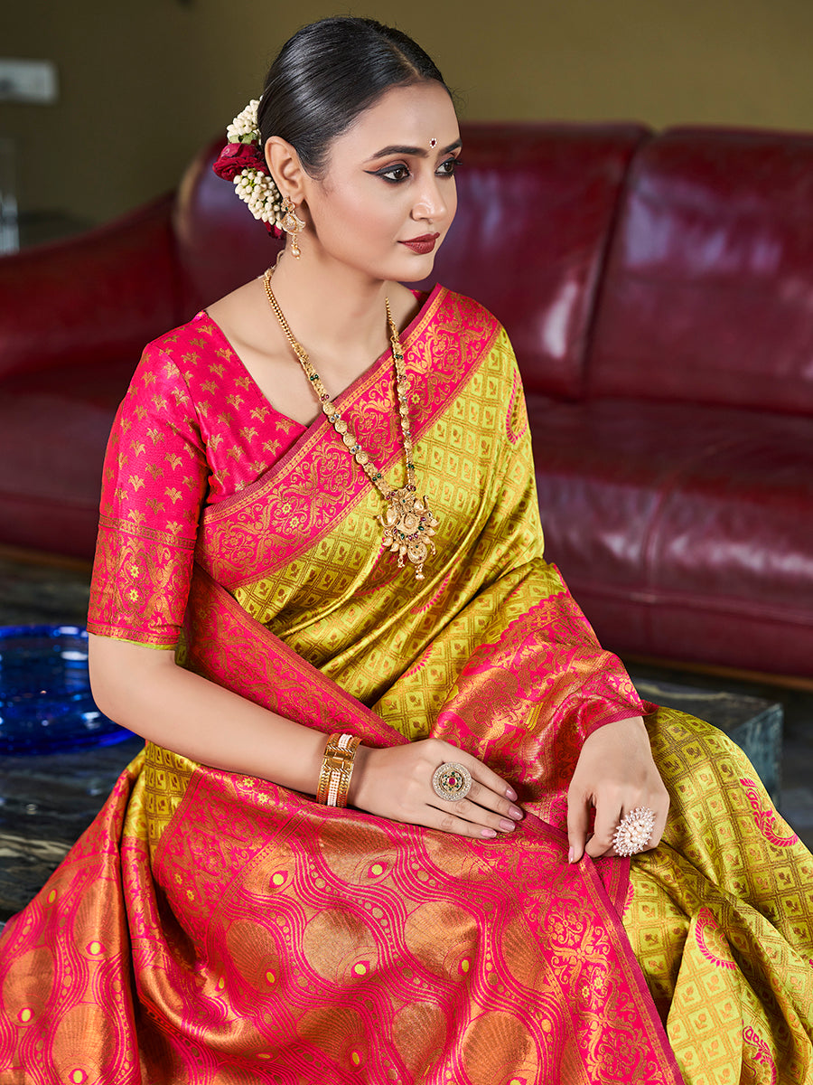 Yellow & Pink Banarasi Silk Zari Woven Wedding Saree
