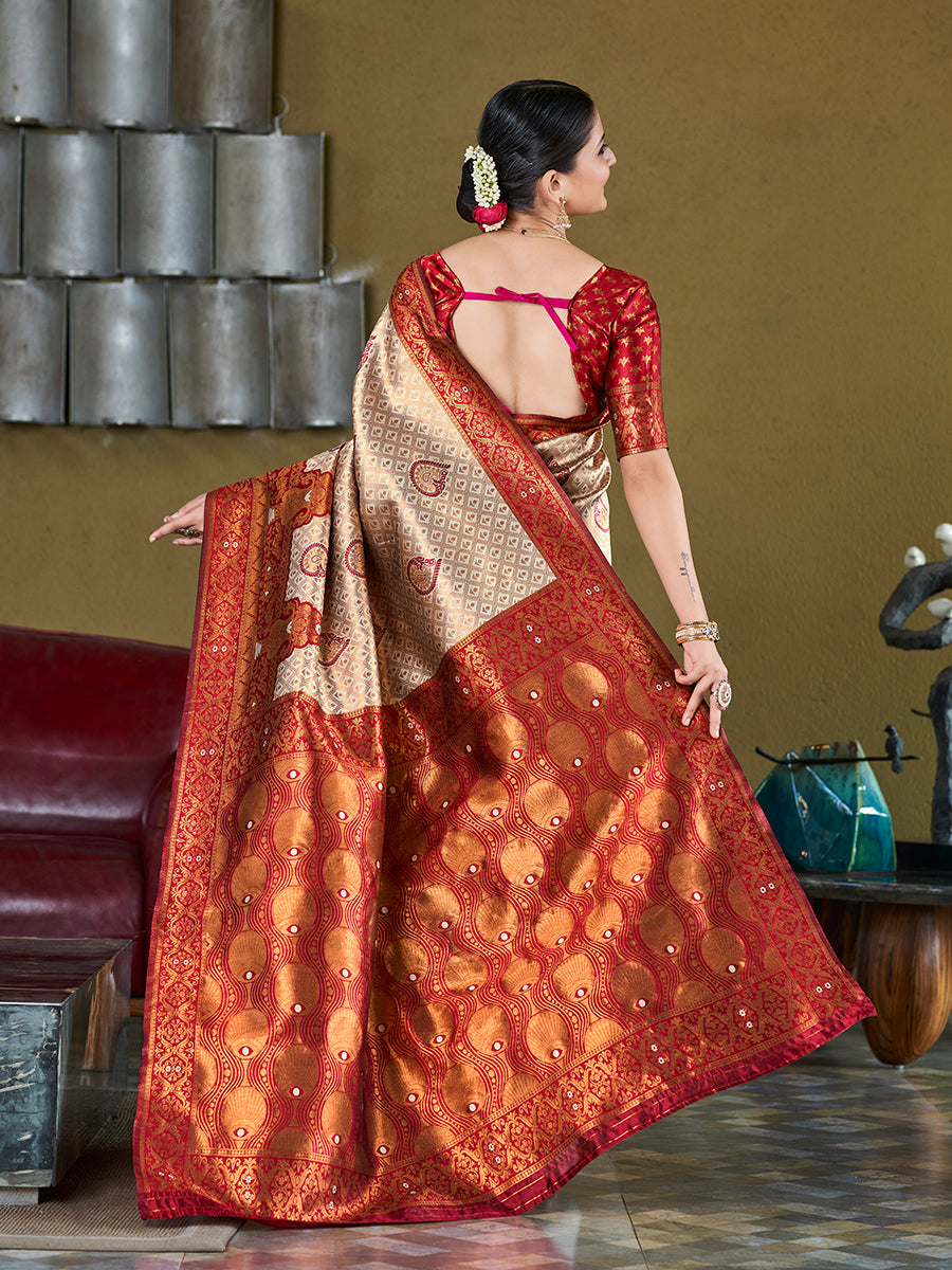 Off White & Red Banarasi Silk Zari Woven Wedding Saree