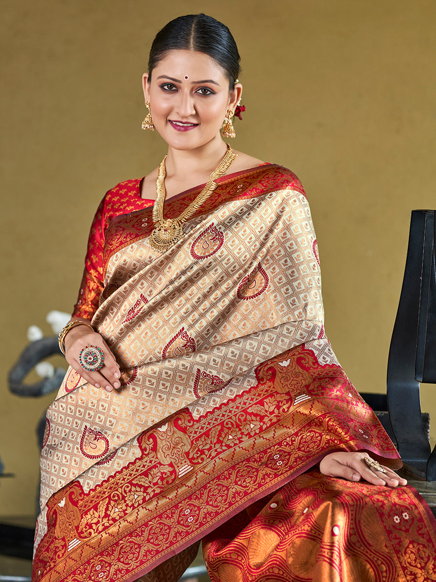 Off White & Red Banarasi Silk Zari Woven Wedding Saree