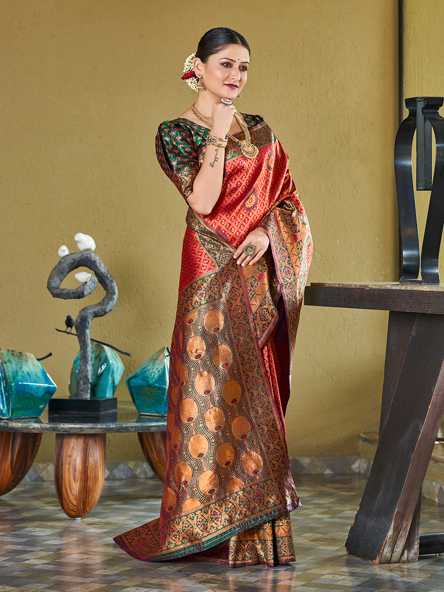 Red & Green Banarasi Silk Zari Woven Wedding Saree
