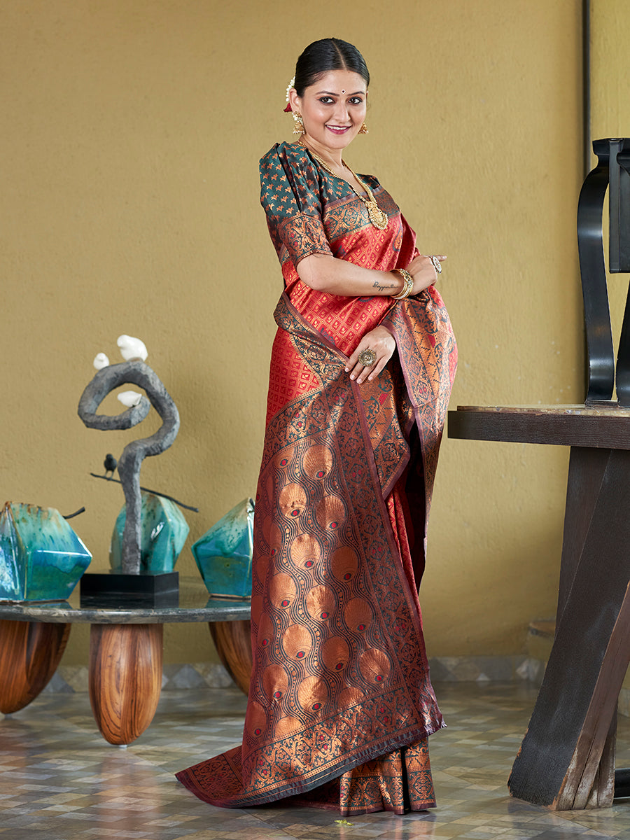Red & Green Banarasi Silk Zari Woven Wedding Saree