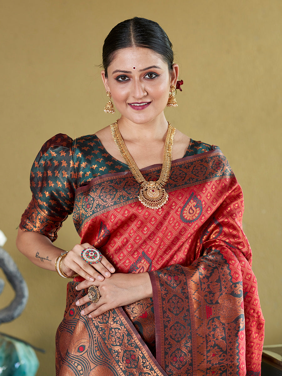 Red & Green Banarasi Silk Zari Woven Wedding Saree