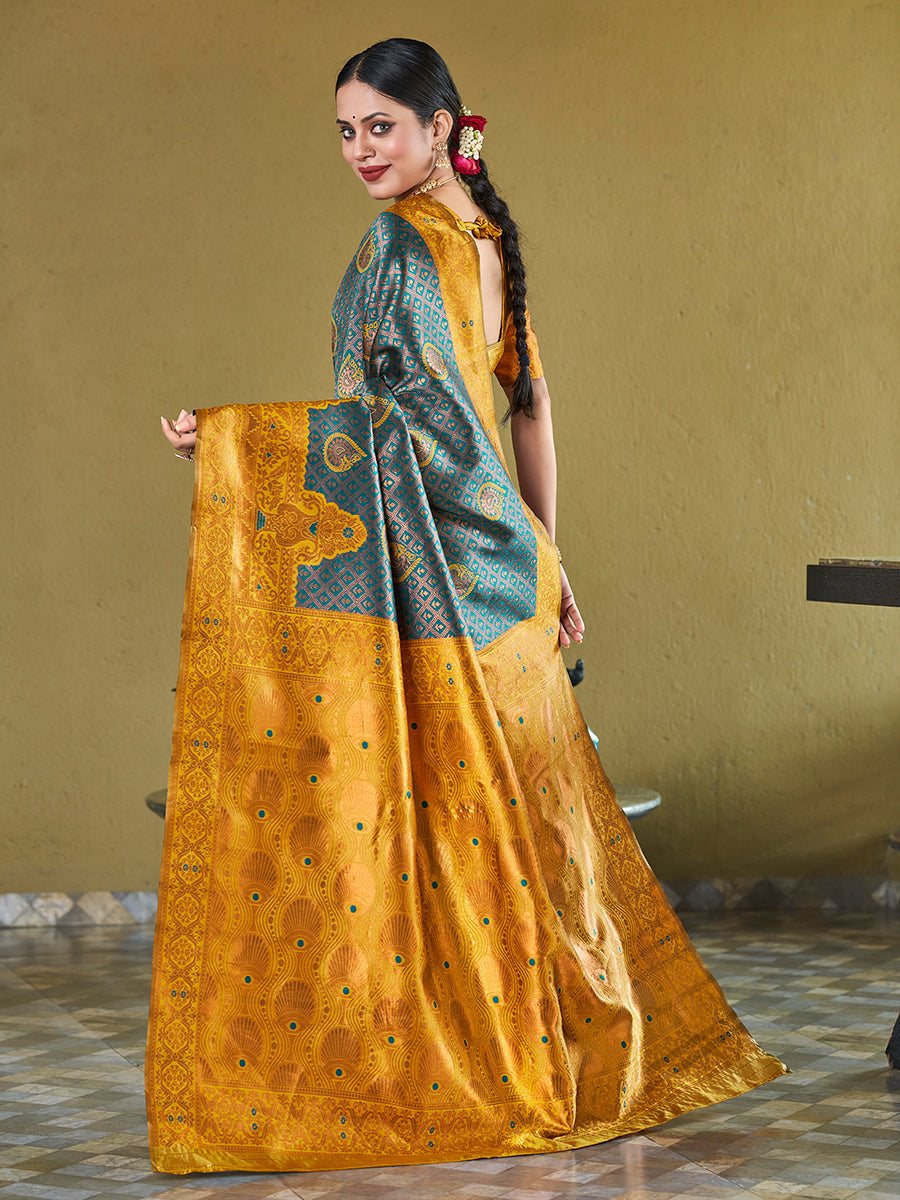 Blue & Yellow Banarasi Silk Zari Woven Wedding Saree