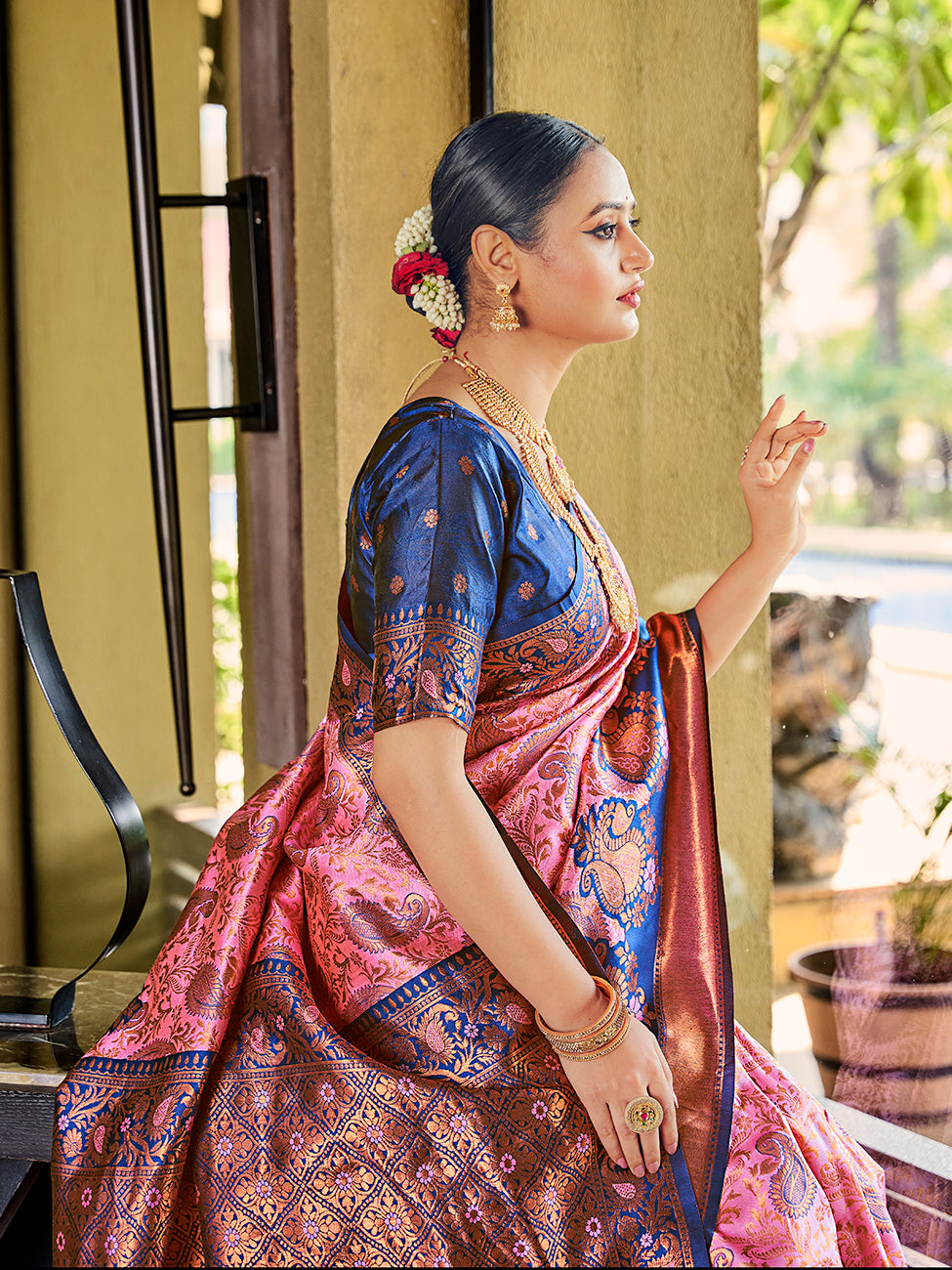 Pink & Blue Banarasi Silk Zari Woven Wedding Traditional Saree