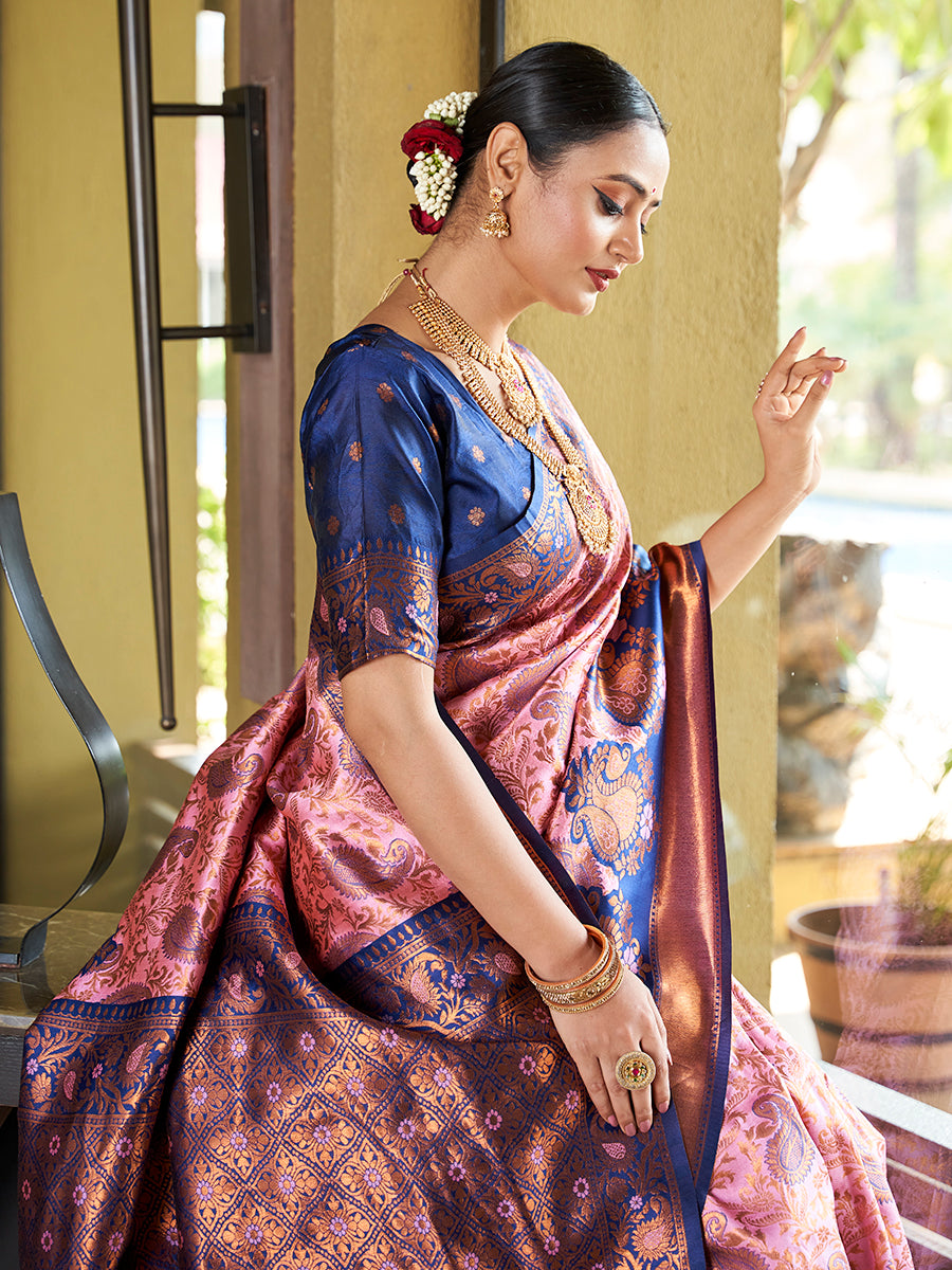 Pink & Blue Banarasi Silk Zari Woven Wedding Traditional Saree