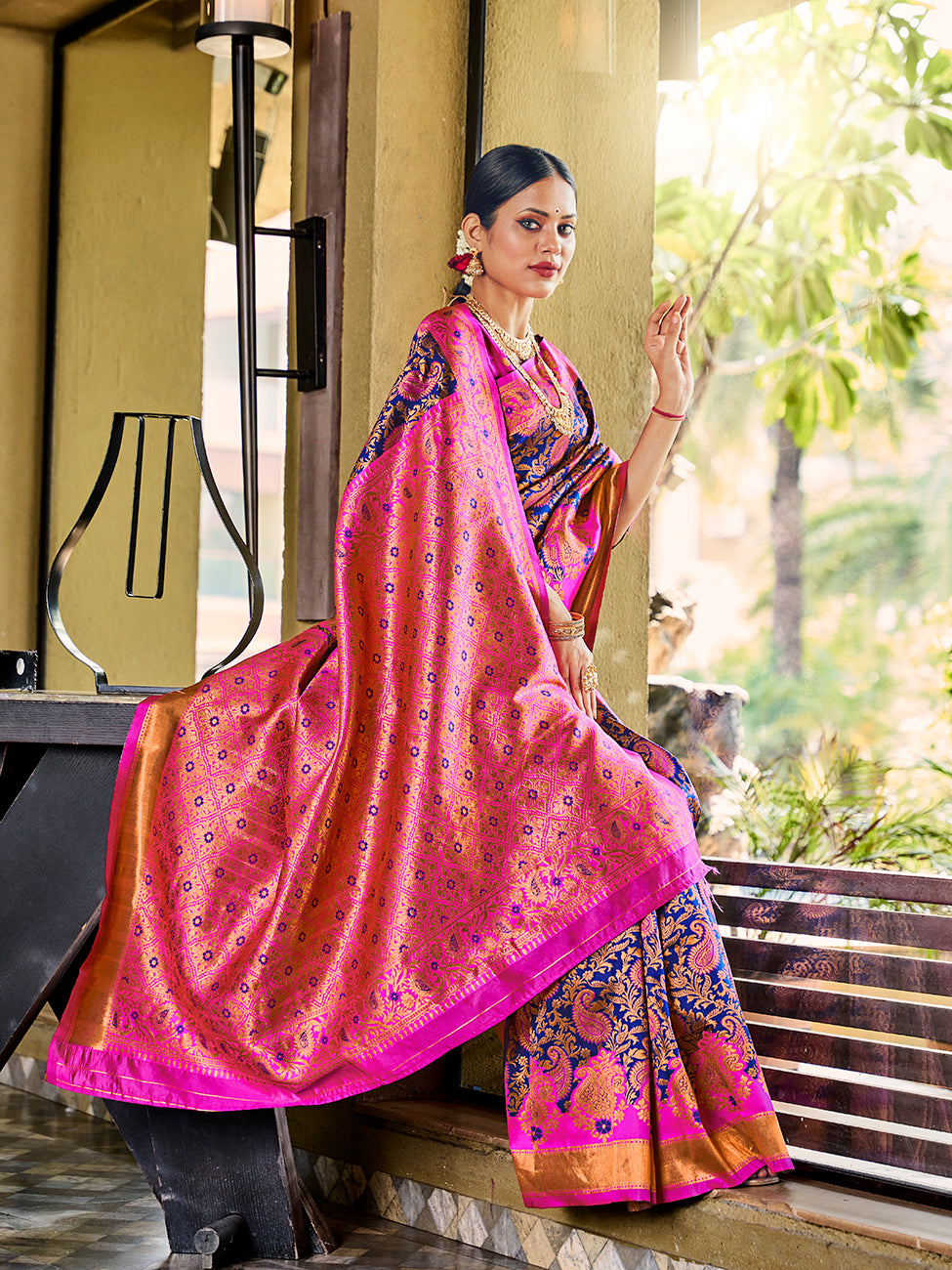 Blue & Pink Banarasi Silk Zari Woven Wedding Traditional Saree