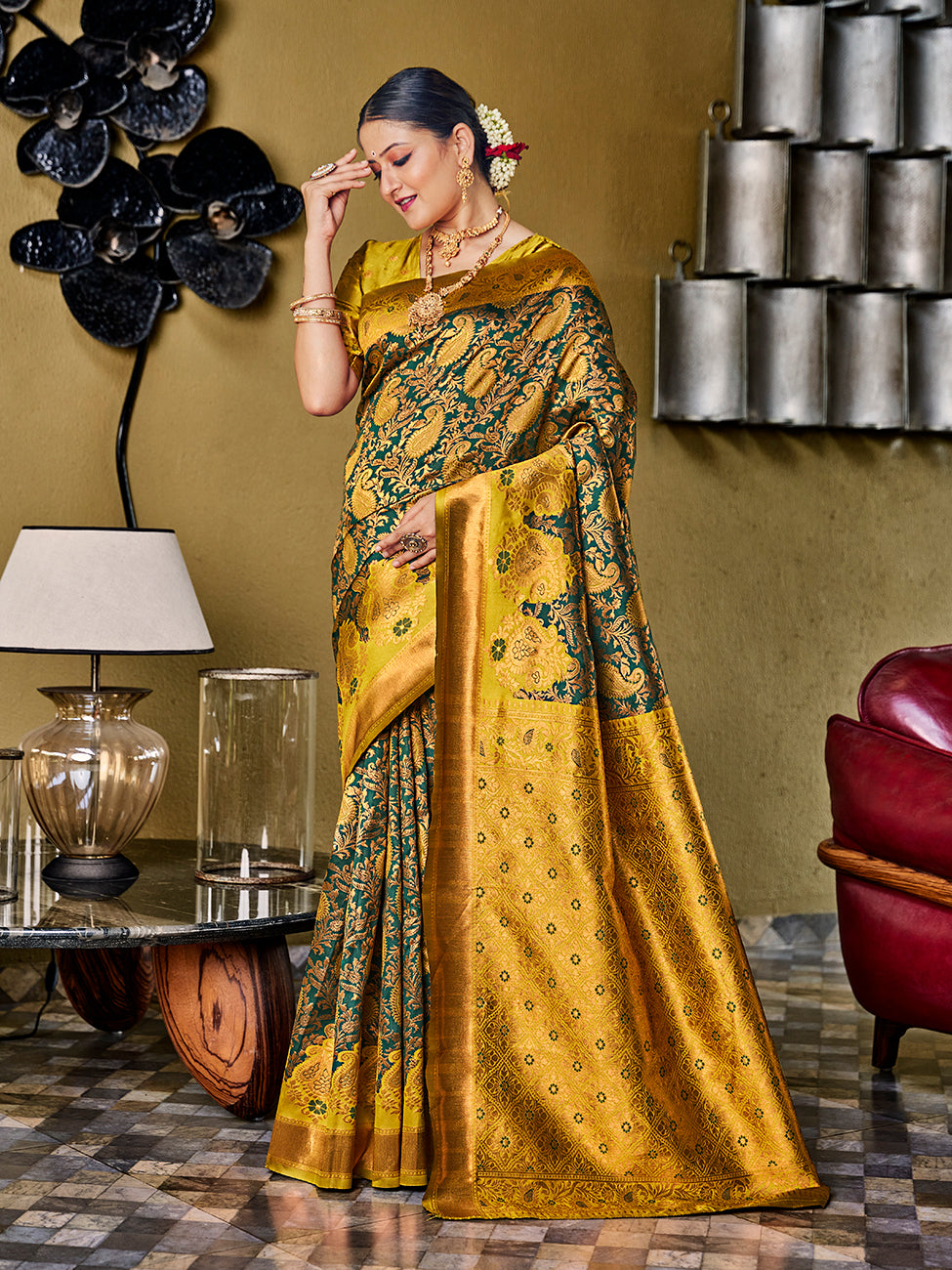 Green & Yellow Banarasi Silk Zari Woven Wedding Traditional Saree