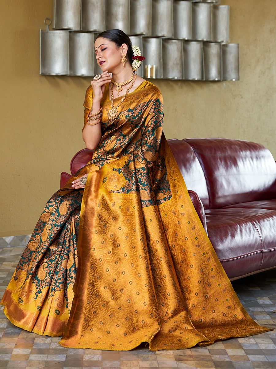 Green & Yellow Banarasi Silk Zari Woven Wedding Traditional Saree