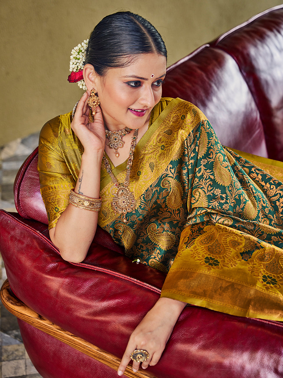 Green & Yellow Banarasi Silk Zari Woven Wedding Traditional Saree