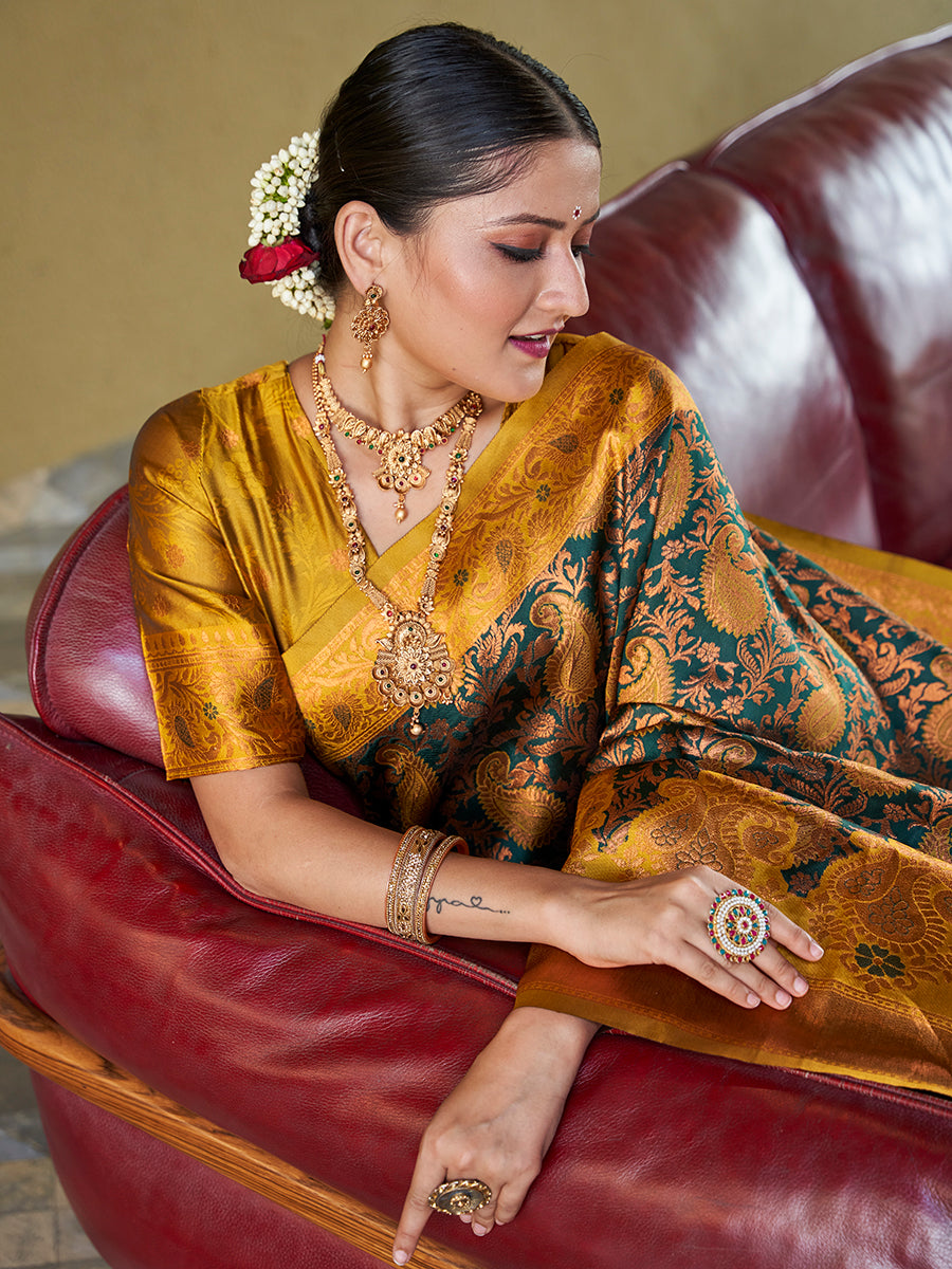 Green & Yellow Banarasi Silk Zari Woven Wedding Traditional Saree