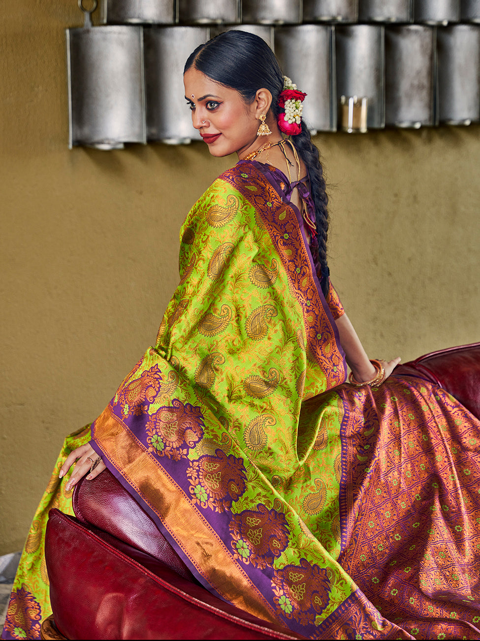 Lemon Green & Purple Banarasi Silk Zari Woven Wedding Traditional Saree
