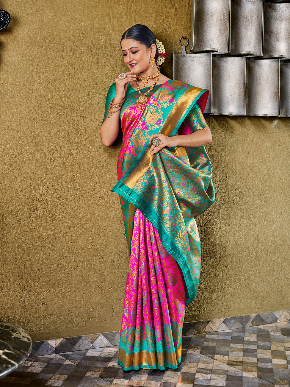 Pink & Teal Banarasi Silk Zari Woven Wedding Traditional Saree