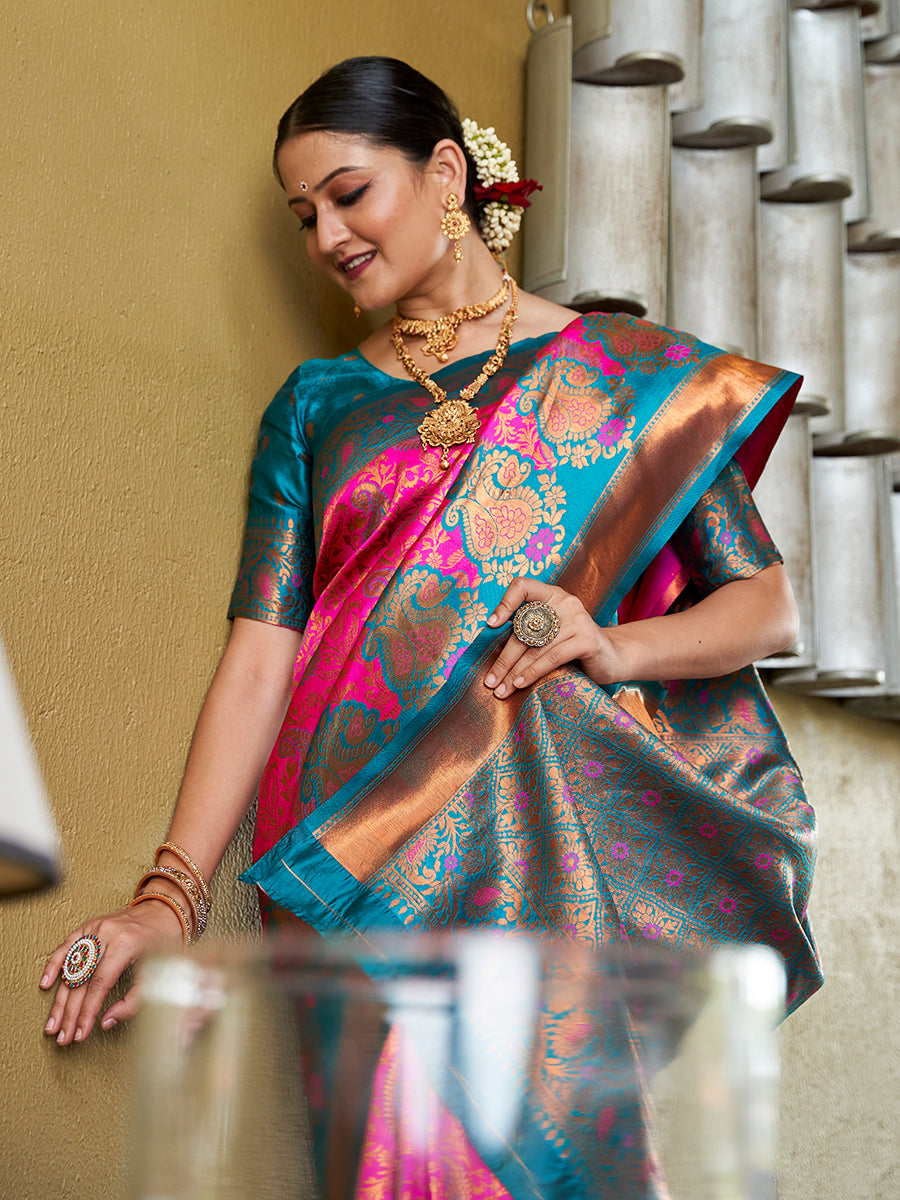 Pink & Teal Banarasi Silk Zari Woven Wedding Traditional Saree