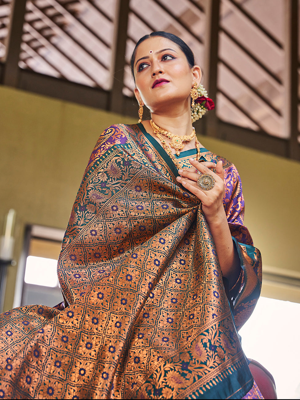 Teal Blue Banarasi Silk Zari Woven Wedding Traditional Saree