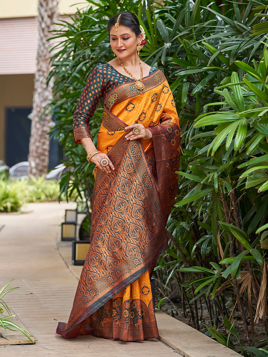 Mustard & Green Zari Woven Wedding Banarasi Silk Saree