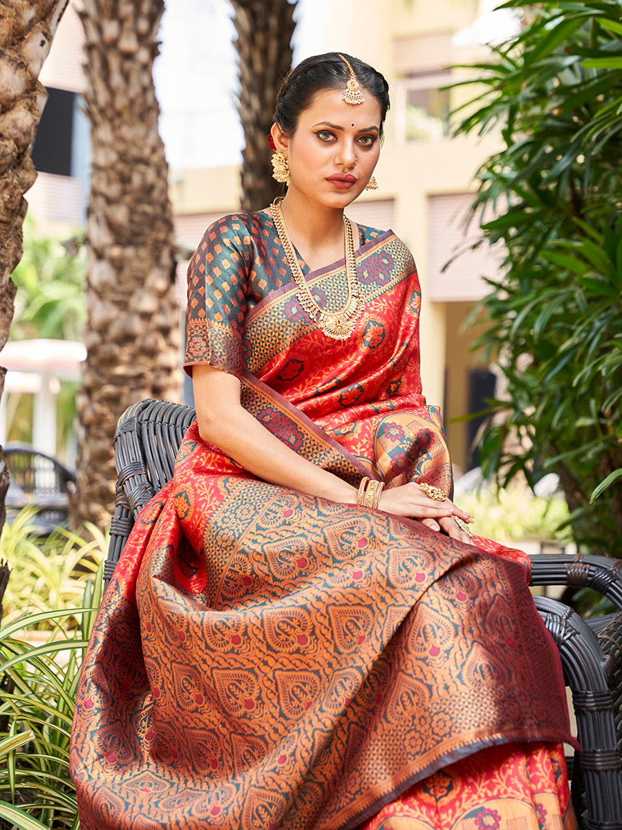 Red & Green Zari Woven Wedding Banarasi Silk Saree