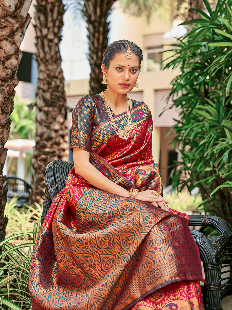 Red & Green Zari Woven Wedding Banarasi Silk Saree