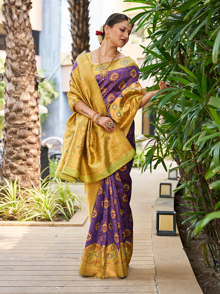 Blue & Yellow Zari Woven Wedding Banarasi Silk Saree