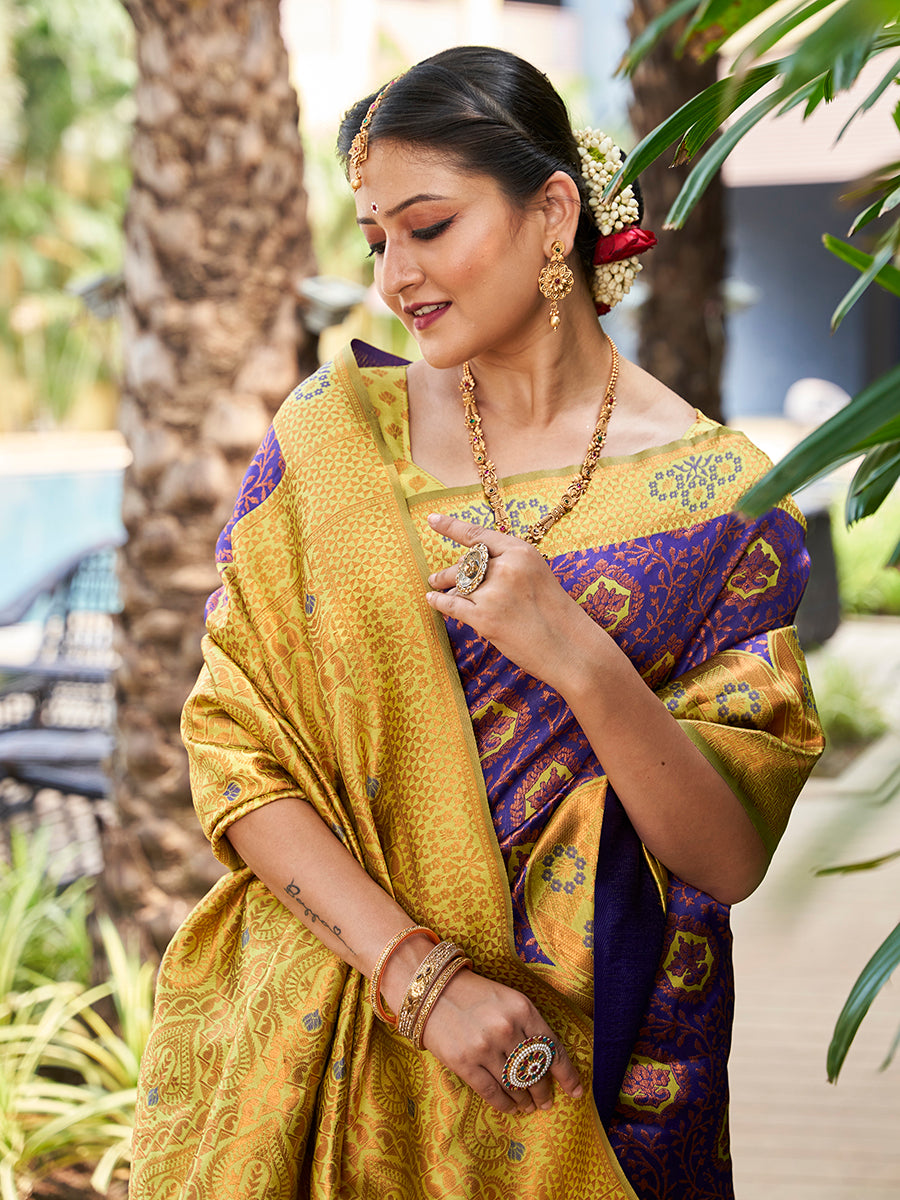 Blue & Yellow Zari Woven Wedding Banarasi Silk Saree