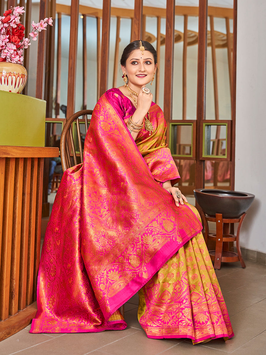 Mustard & Pink Zari Woven Wedding Banarasi Silk Saree