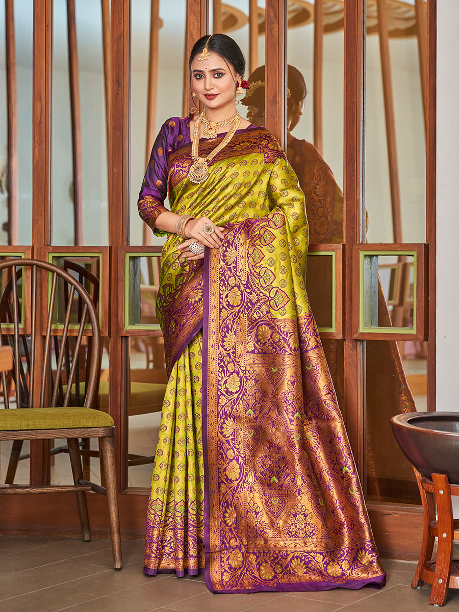 Yellow & Purple Zari Woven Wedding Banarasi Silk Saree