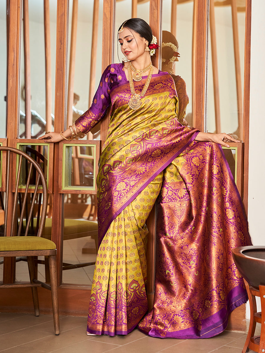 Yellow & Purple Zari Woven Wedding Banarasi Silk Saree
