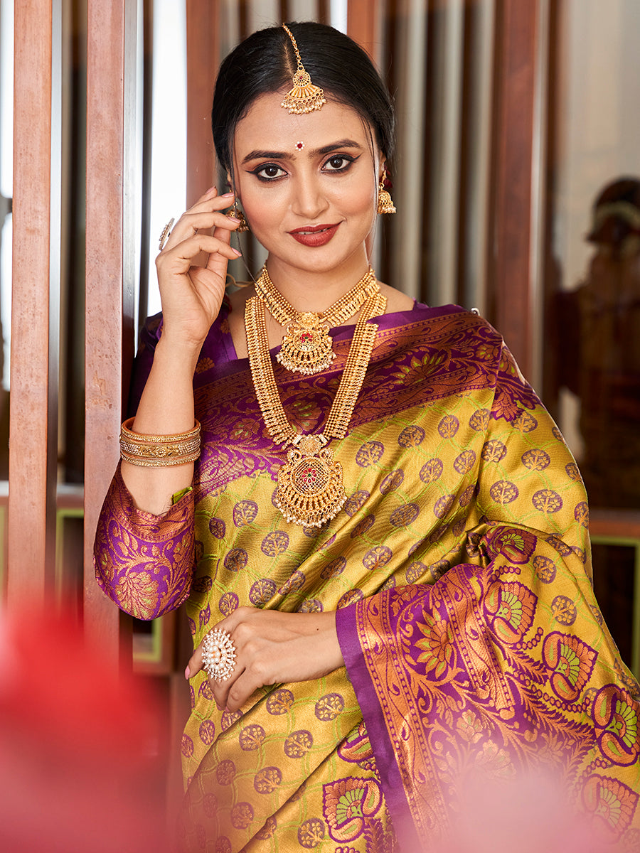 Yellow & Purple Zari Woven Wedding Banarasi Silk Saree