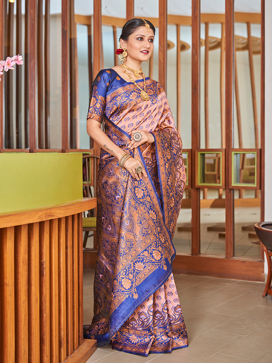 Beige & Blue Zari Woven Wedding Banarasi Silk Saree