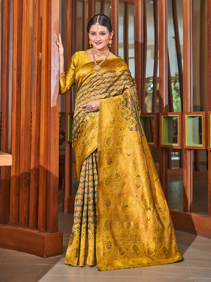 Brown & Yellow Zari Woven Wedding Banarasi Silk Saree