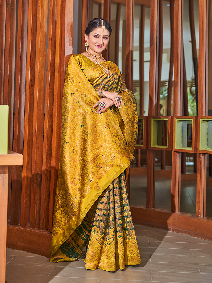 Brown & Yellow Zari Woven Wedding Banarasi Silk Saree