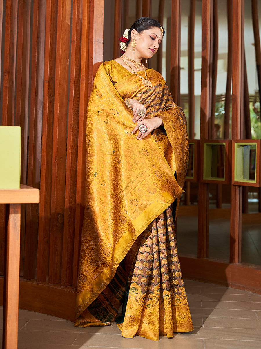 Brown & Yellow Zari Woven Wedding Banarasi Silk Saree