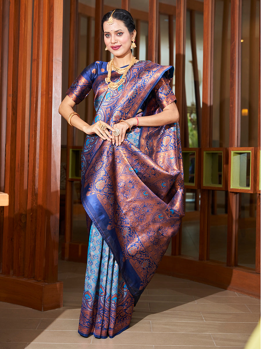 Turquoise Blue Zari Woven Wedding Banarasi Silk Saree