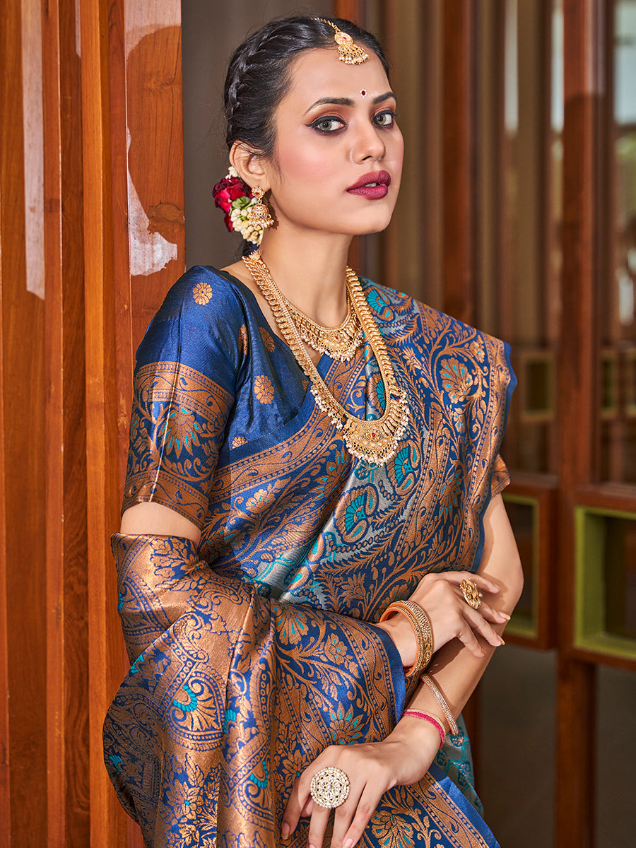 Turquoise Blue Zari Woven Wedding Banarasi Silk Saree