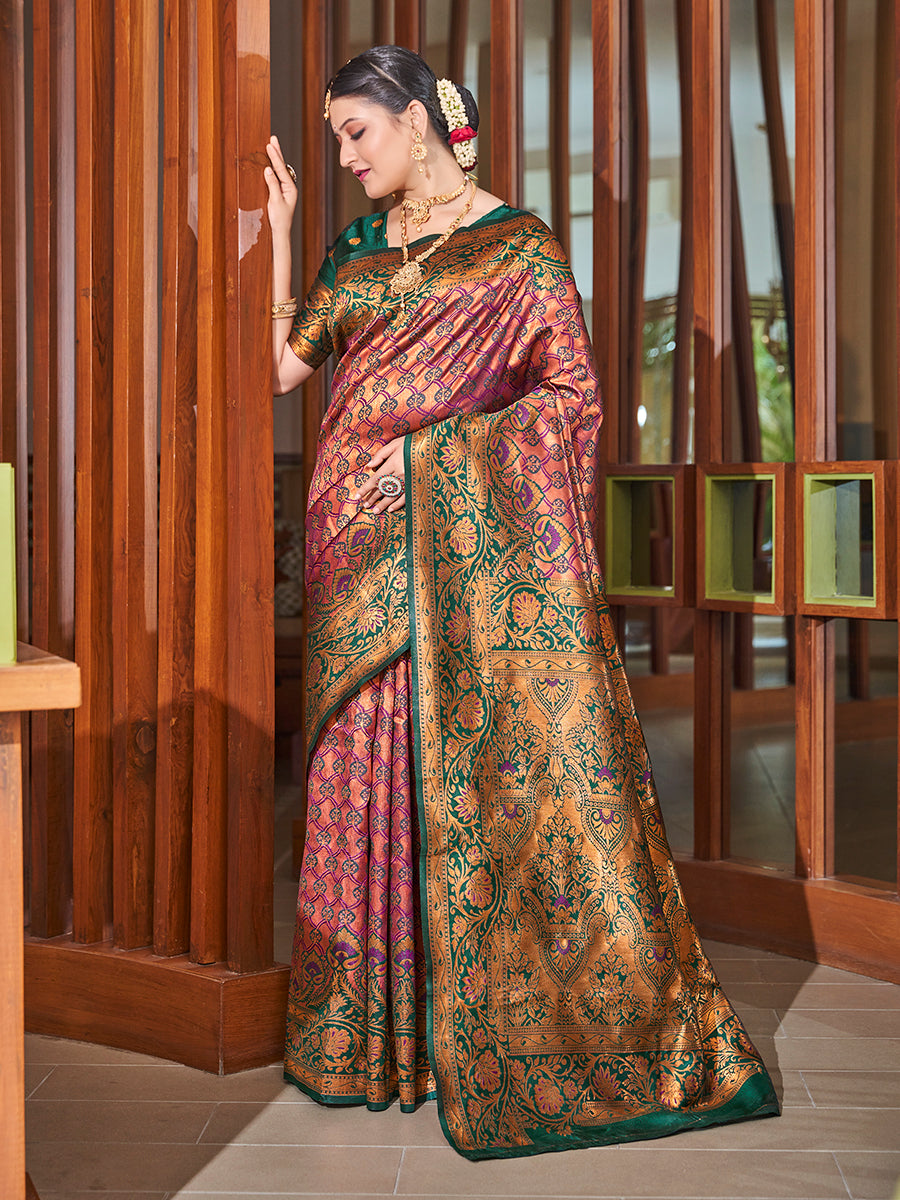 Purple & Green Zari Woven Wedding Banarasi Silk Saree