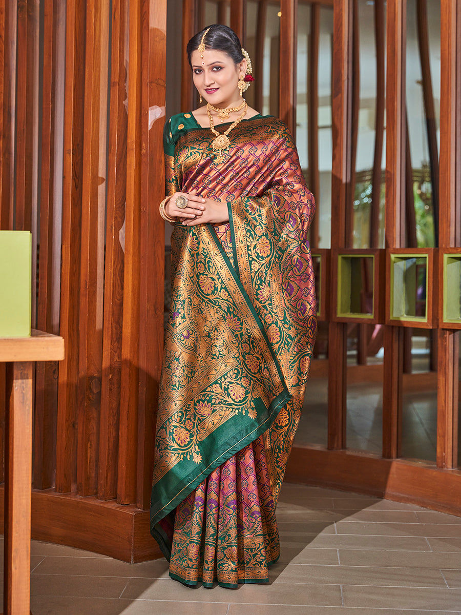 Purple & Green Zari Woven Wedding Banarasi Silk Saree
