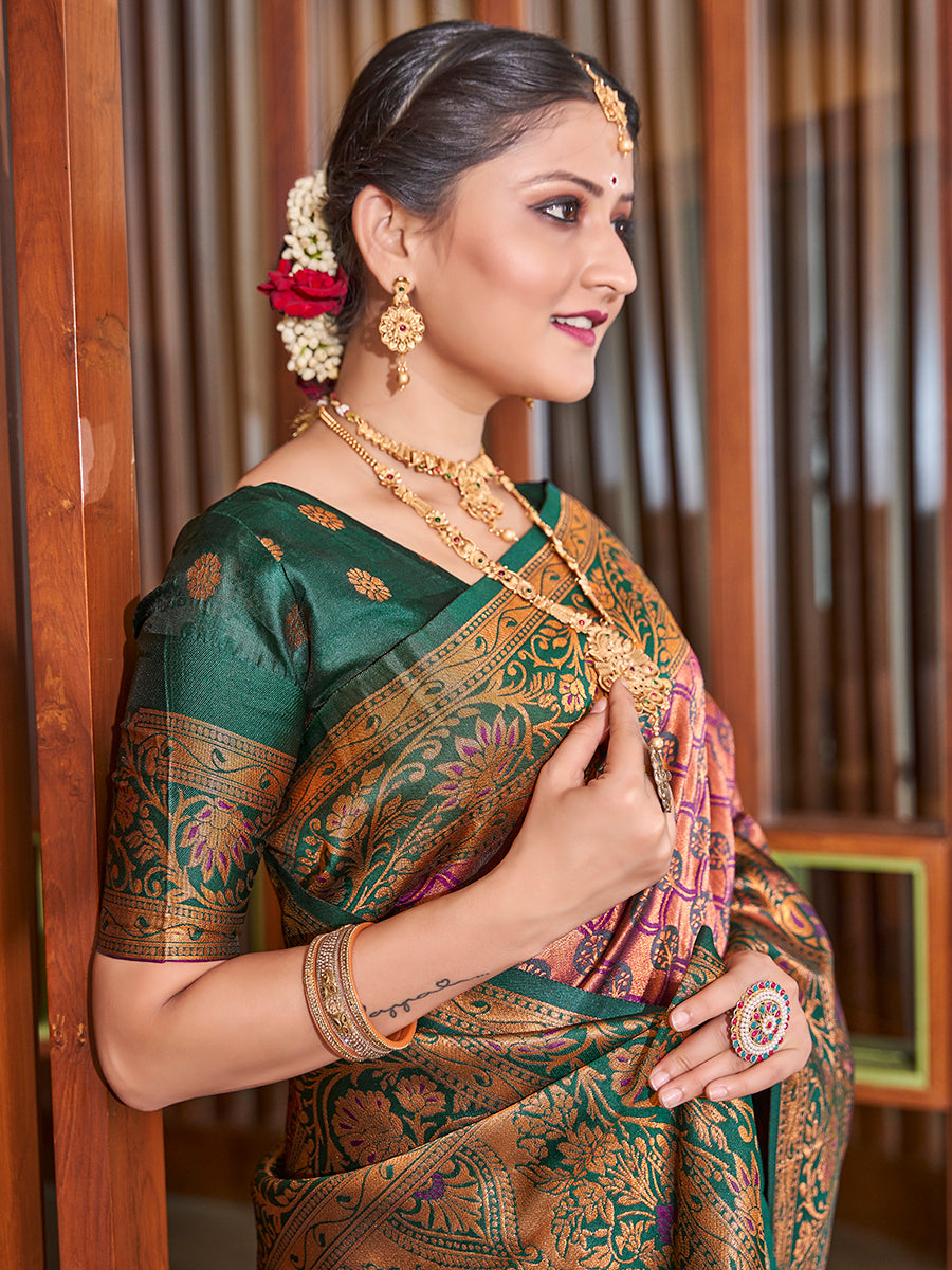 Purple & Green Zari Woven Wedding Banarasi Silk Saree