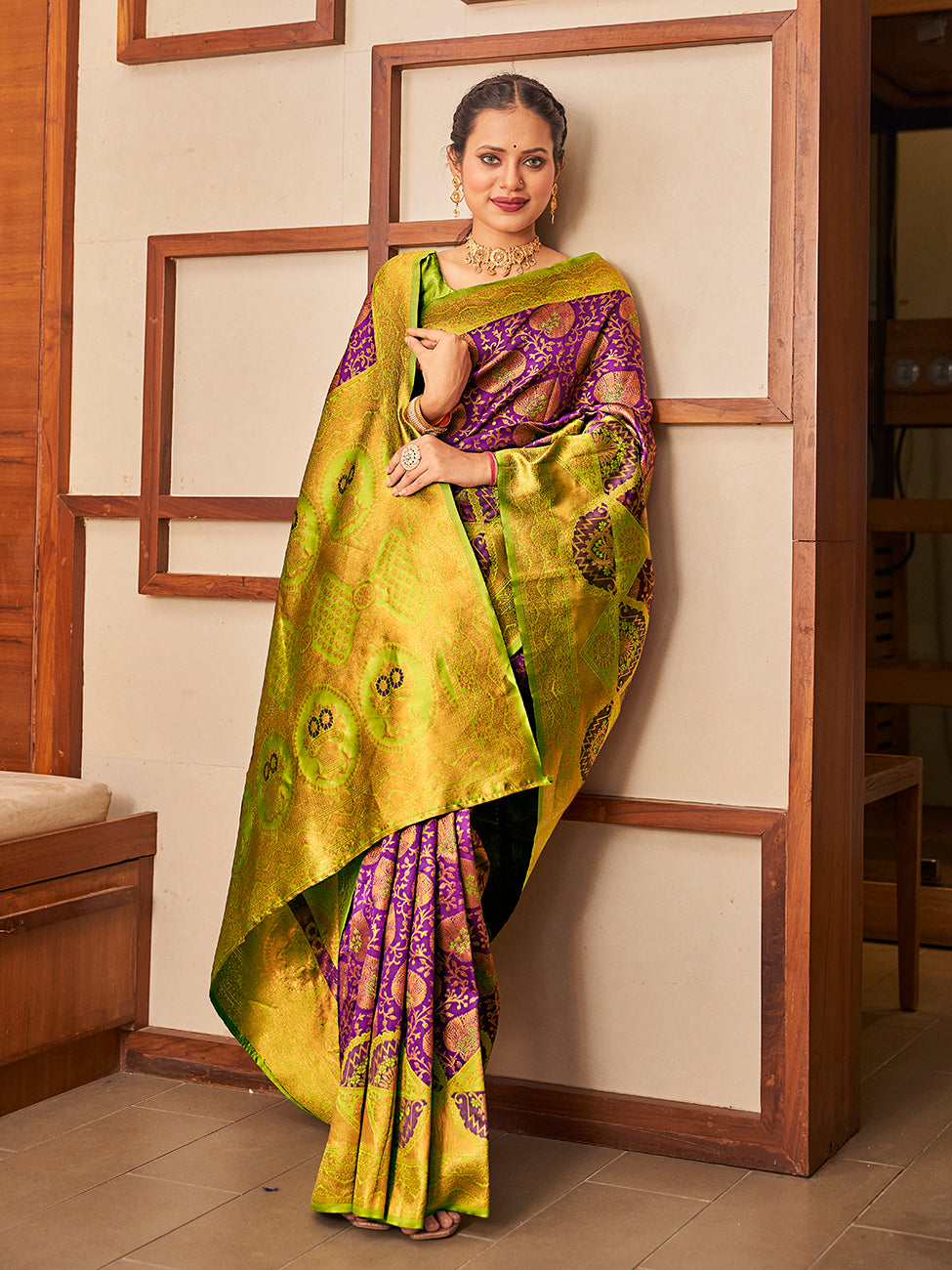 Purple & Green Gold Zari Woven Wedding Banarasi Silk Saree