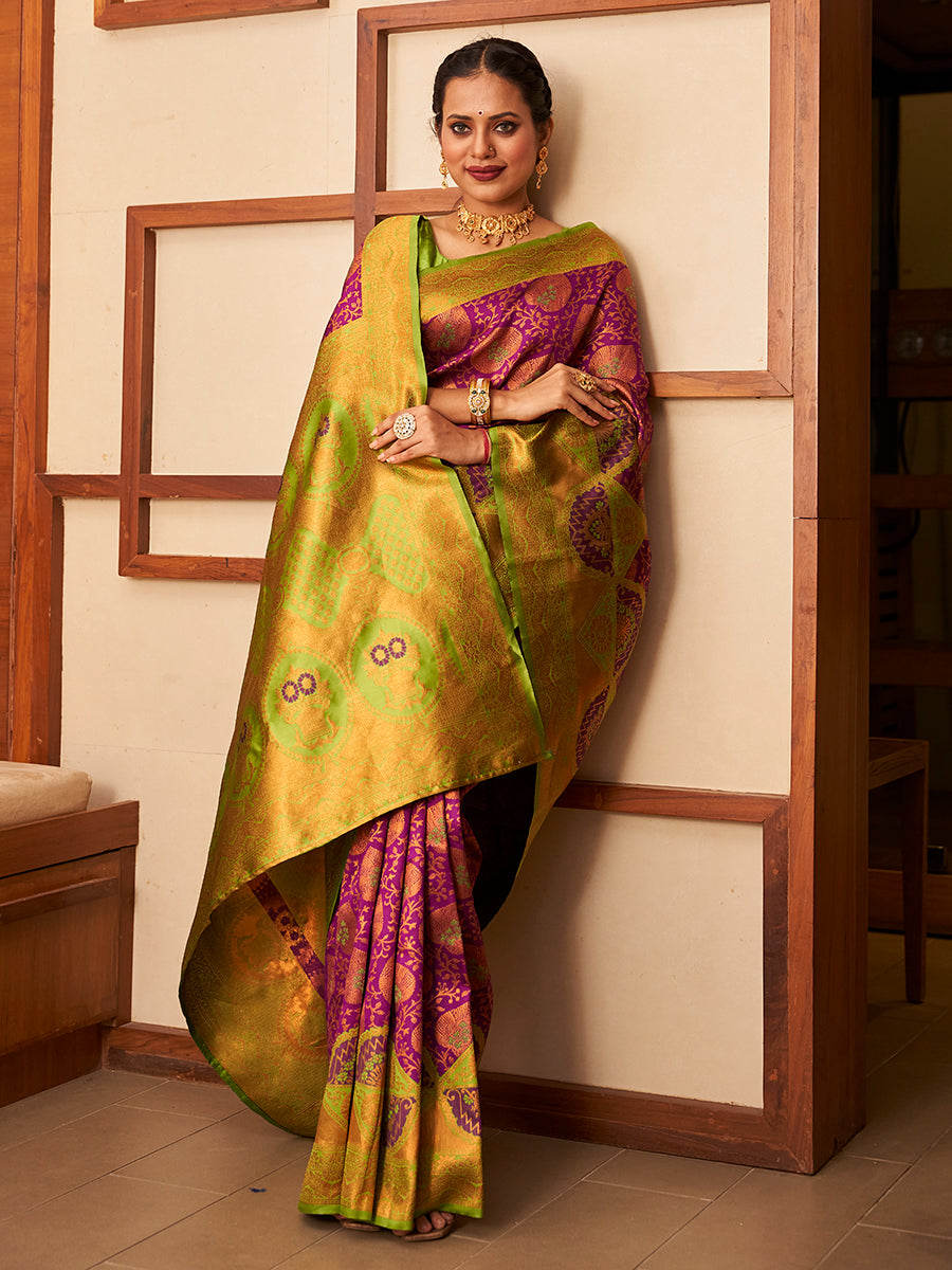 Purple & Green Gold Zari Woven Wedding Banarasi Silk Saree