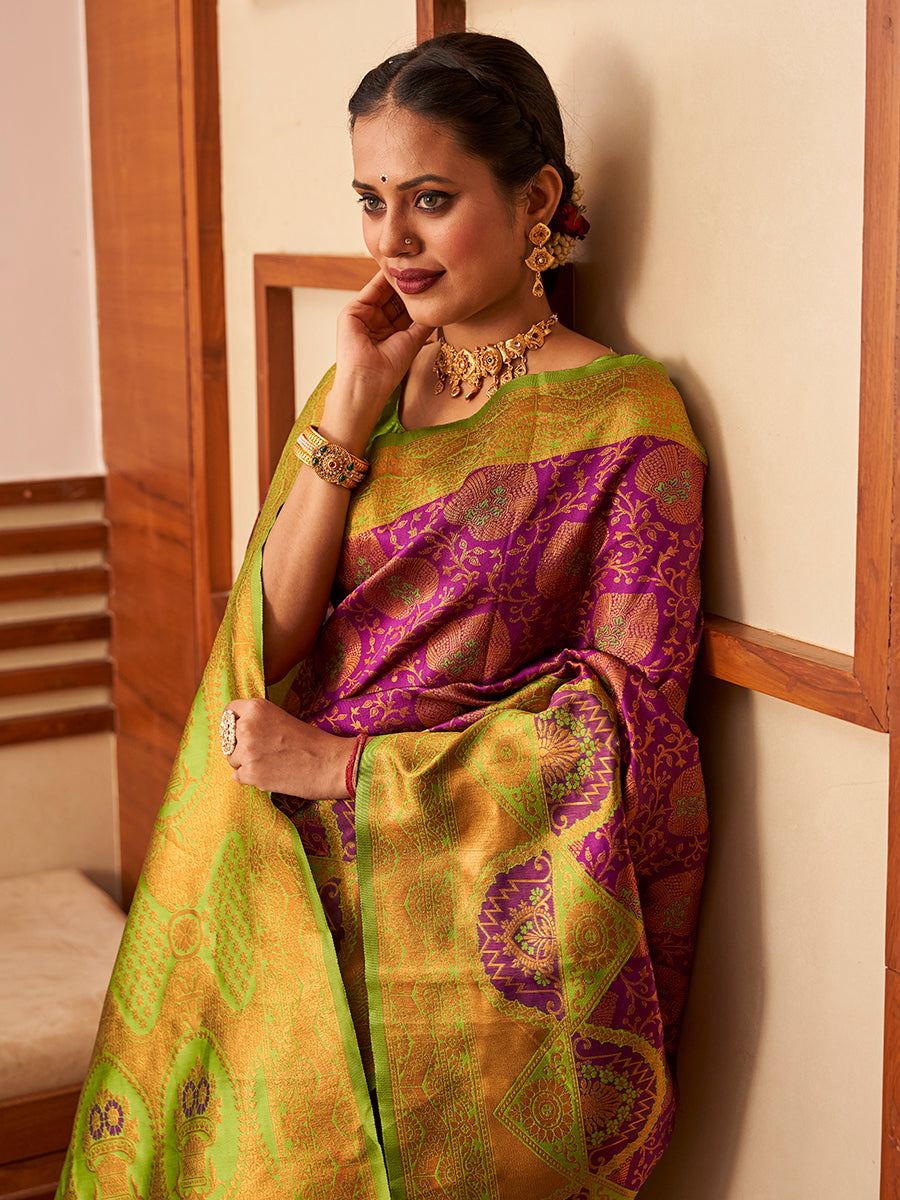 Purple & Green Gold Zari Woven Wedding Banarasi Silk Saree