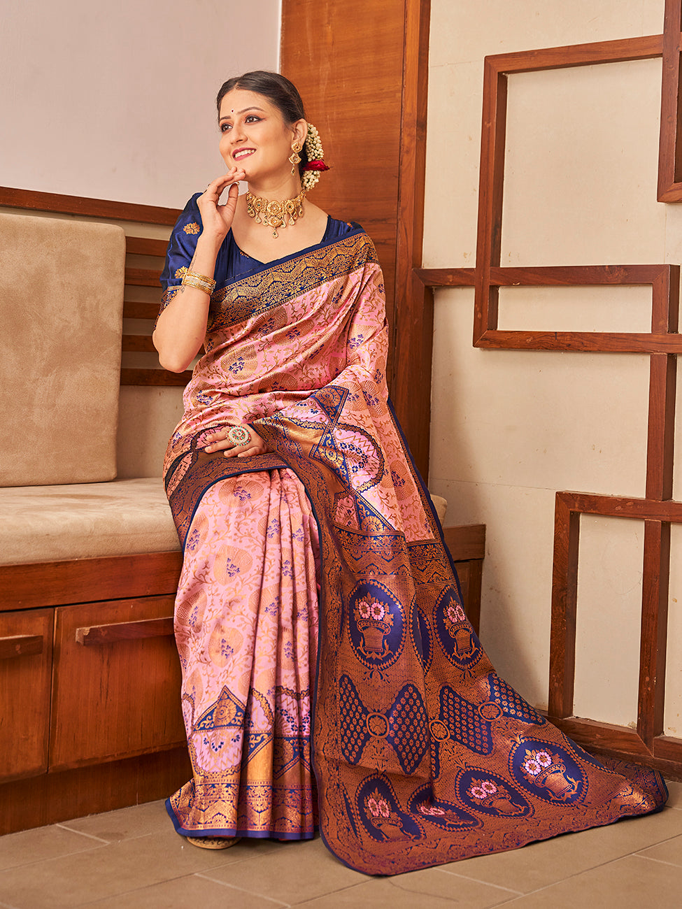 Pink & Blue Gold Zari Woven Wedding Banarasi Silk Saree