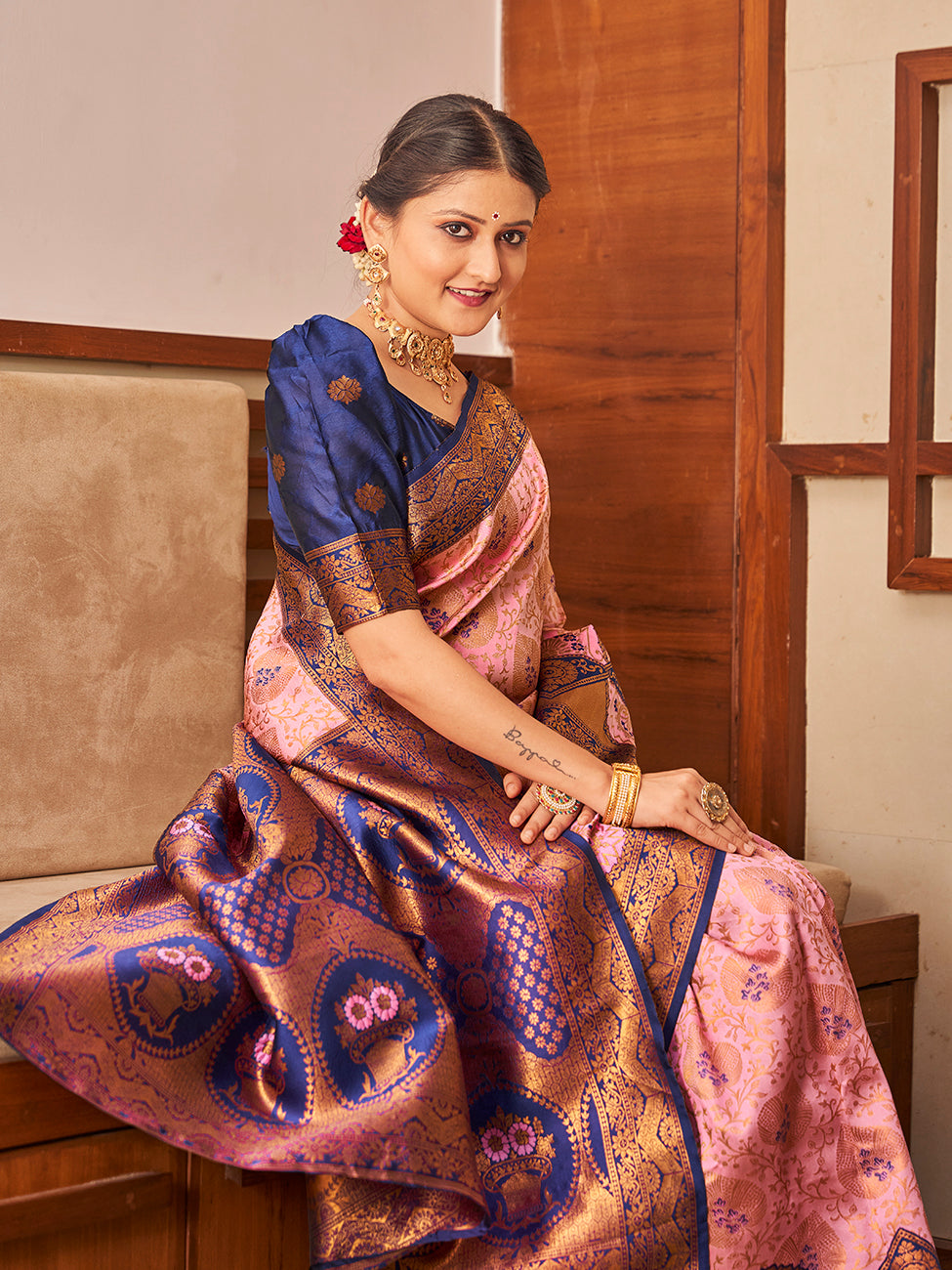 Pink & Blue Gold Zari Woven Wedding Banarasi Silk Saree
